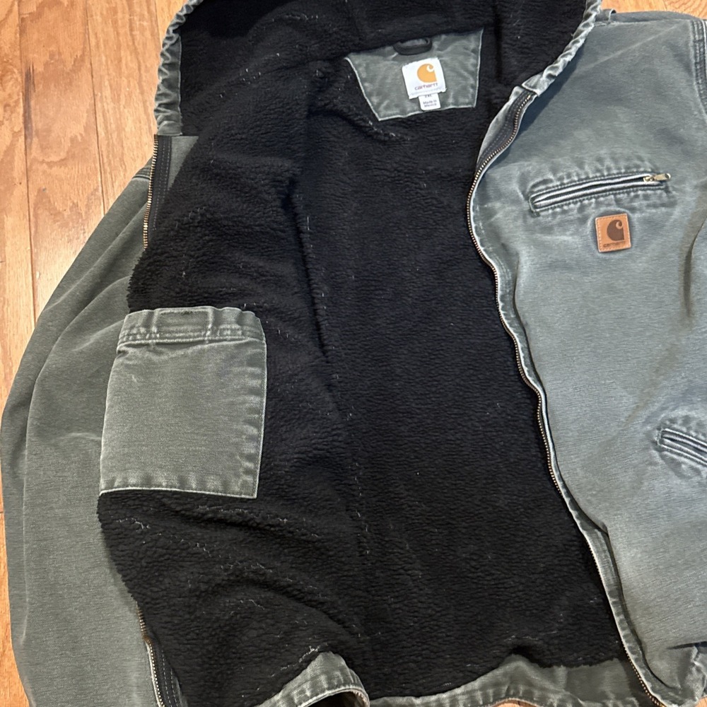 Y2K Carhartt J141 MOS green hooded work wear jacket Sherpa 2XL Rare - Picture 5 of 12